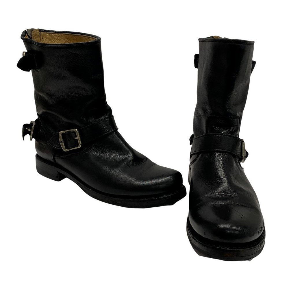 Frye Black Leather Moto Combat Boots with Buckle Strap - Picture 3 of 9